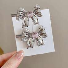 1pair Metallic Rhinestone Decor Sweet Bow Hair Clip, Suitable For Side Bangs Cute - Silver - View 11