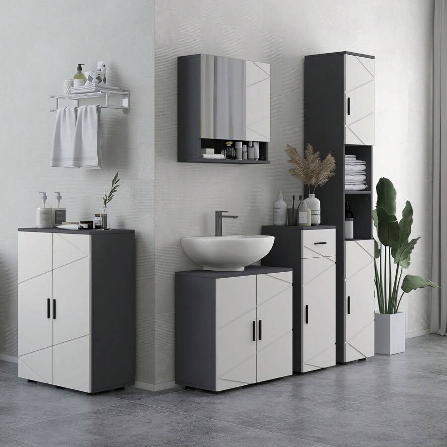Kleankin Mobile Bagno a 2 Ante in Legno, Armadietto Bagno con 3 Ripiani e Chiusura Soft Close, 60x30x82cm - Grigio - Visualizzare 1