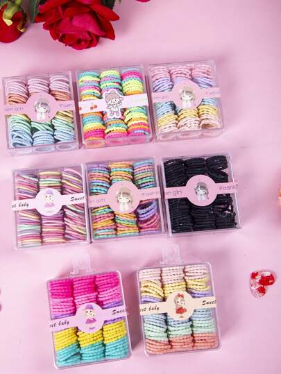 90pcs/Box Girls' Disposable Elastic Mini Rubber Band Hair Ties In Simple Seamless Multicolor Bead Design, Suitable For Daily Wear, Vacation And Party (Random Color)