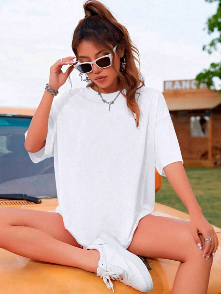 Women's Plain Oversized Round Neck T-Shirt, Mesh Fabric, Basic Blouse - 白色 - 查看 1