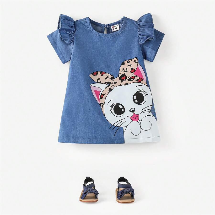 Patpat嬰兒女孩可愛貓咪印花荷葉邊短袖連衣裙 - 藍色 - 查看 1