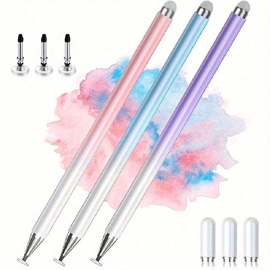 3pcs/Set Universal High Precision Touch Screen Stylus Pen With 2-In-1 Suction Cup & Fiber Tip And Magnetic Cap Compatible With Ipad, Iphone, Android, Microsoft Tablets And Smartphones