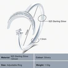 feilok 1個時尚獨特的s925純銀星月戒指,可調節開口處尺寸,鑲嵌鑽石,適合女性和女孩日常佩戴或作為生日、婚禮、聖誕節、情人節、母親節禮物 - 銀色 - 查看 2