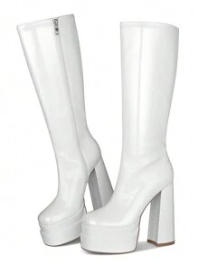 Women's Platform Knee High Boots Fashion Square Toe Block Chunky High Heels Side Zipper Ladies Black White Stretch Shoes - Bằng sáng chế trắng - Xem 3