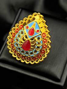 ANIID 1套3件杜拜時尚流蘇吊墜彩色項鍊和耳環戒指沙特阿拉伯婚禮女性合金套裝新娘24k鍍金珠寶套裝,適合情人節送給母親的禮物 - 金黃色 - 查看 3