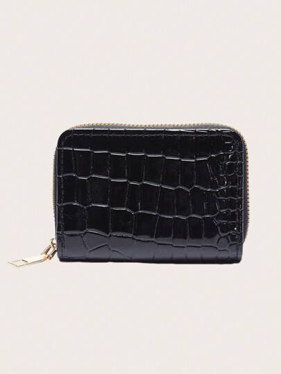 1pc Women's Black Crocodile Pattern 9 Card Slots Accordion Style Card Wallet, Short Bi-Fold European & American Style