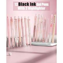 Gel Ink Pen Set,14PCS Pen Set With Case,Cute Note Taking 0.5mm Fine Point Retractable 12PCS Black Ink Pens With 2 Highlighter For School,Note Taking,Writing,Office Supplies,Suitable For Junior High School Primary School Boys And Girls College Student - 粉色 - 查看 2