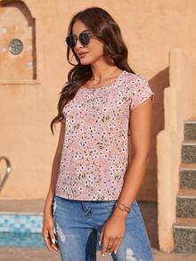 TOP ESTAMPADA PARA MUJER, TOP MANGA CORTA, TOP CUELLO REDONDO, TOP CON ESTAMPADO FLORAL - Rosa - Ver 3