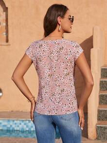 TOP ESTAMPADA PARA MUJER, TOP MANGA CORTA, TOP CUELLO REDONDO, TOP CON ESTAMPADO FLORAL - Rosa - Ver 2