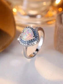 1pc Elegant Silver Plated Women's Ring With White Opal & Blue Cubic Zirconia Micro Inlaid, Great For Wedding And Daily Wear