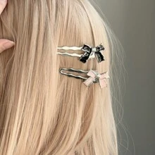 1pair Metallic Rhinestone Decor Sweet Bow Hair Clip, Suitable For Side Bangs Cute - Silver - View 3