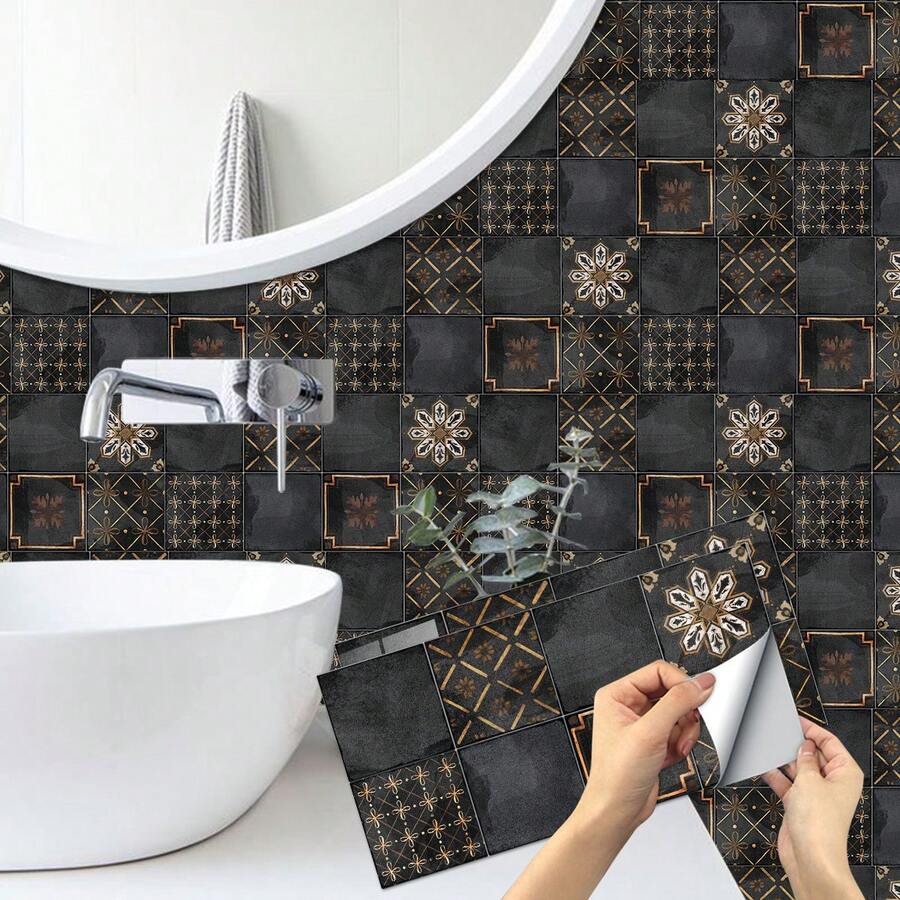 Retro Đen Phong cách Ngói Dán tường 5.5 Bắt chước Đen Vàng Lão thị Gạch , Phòng tắm Không thấm nước Bóc Và Gậy Nghệ thuật Ngói Hình dán , Vinyl Hình nền , Phòng bếp Chống dầu Ngói Giấy dán , Nhà  Tường Đồ trang trí - Nhiều màu - Xem 1