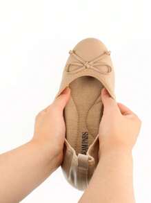 Women Nude Bow Knot Flats Slip On Ballet Flats Round Toe Foldable Comfortable Soft Lightweight Travel Vacation Dress Flats Shoes - 米色 - 查看 8