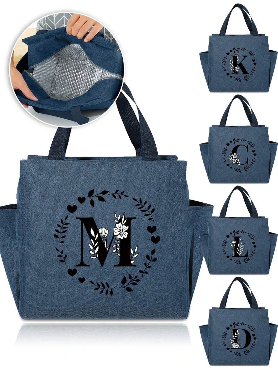 1 件保温午餐袋大容量冷藏袋防水拉链便携式学生餐饭盒女士手提包时尚 26 首字母多功能保温午餐袋食品储存袋适用于野餐露营工作、返校 - 藏蓝色 - 查看 1