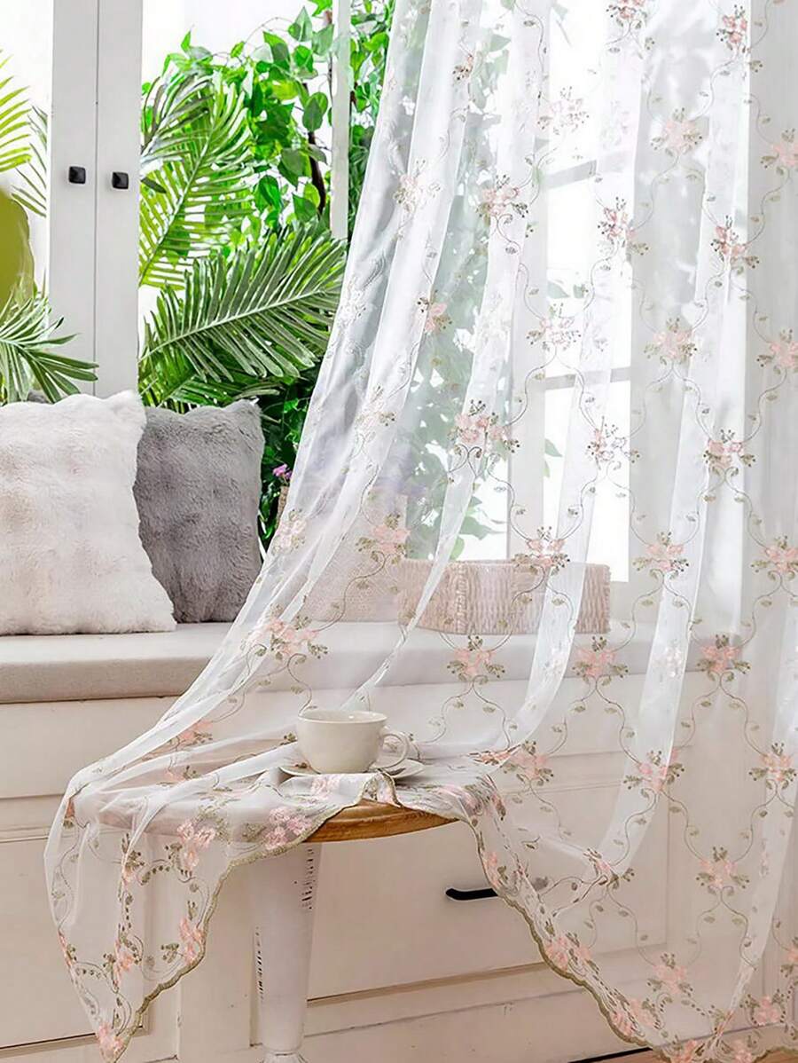 1pc Pastoral Little Pink Flower Embroidery Sheer Curtains For Daughters Bedroom Vintage Floral Lace Voile Drapes Window Treatment Nursery Decor