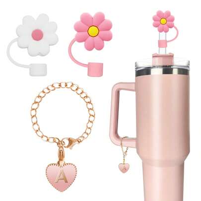 3 件字母吊饰配件吸管盖用于杯子名称 ID 牌首字母手柄个性化吊饰适用于 30&40 盎司玻璃杯水杯手柄识别字母吊饰链（2 件 10 毫米花熊吸管盖 + 1 件字母吊饰），母亲节礼物