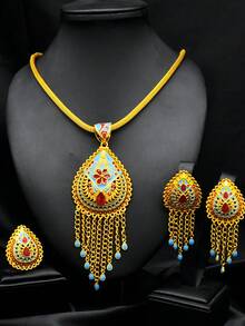 ANIID 1套3件杜拜時尚流蘇吊墜彩色項鍊和耳環戒指沙特阿拉伯婚禮女性合金套裝新娘24k鍍金珠寶套裝,適合情人節送給母親的禮物 - 金黃色 - 查看 1