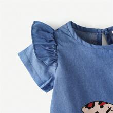 Patpat嬰兒女孩可愛貓咪印花荷葉邊短袖連衣裙 - 藍色 - 查看 5