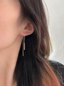 1pair Minimalist Long Bar Drop Earrings For Ladies, Versatile Style - Yellow Gold - View 2