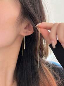1pair Minimalist Long Bar Drop Earrings For Ladies, Versatile Style - Yellow Gold - View 1