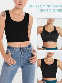JUNLAN女士FTM彈性束胸運動胸罩套衣短褲塑身衣 - 黑色 - 查看 3