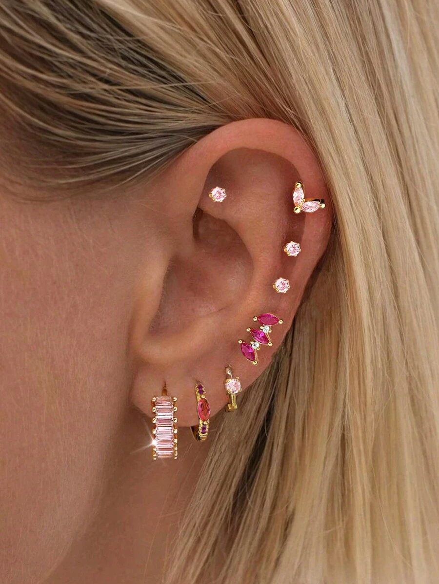 1套8入組紫色水鑽星月耳環套裝（耳釘、夾式、耳環罩）,適用於女性參加派對、節日、約會或婚禮 - 金黃色 - 查看 1