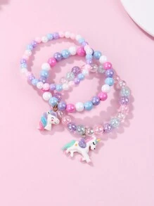 3pcs/Set Girls' Resin Unicorn, Colorful Acrylic Beads Elastic Bracelet Set, Suitable For Daily Wear, Jewelry Gift
