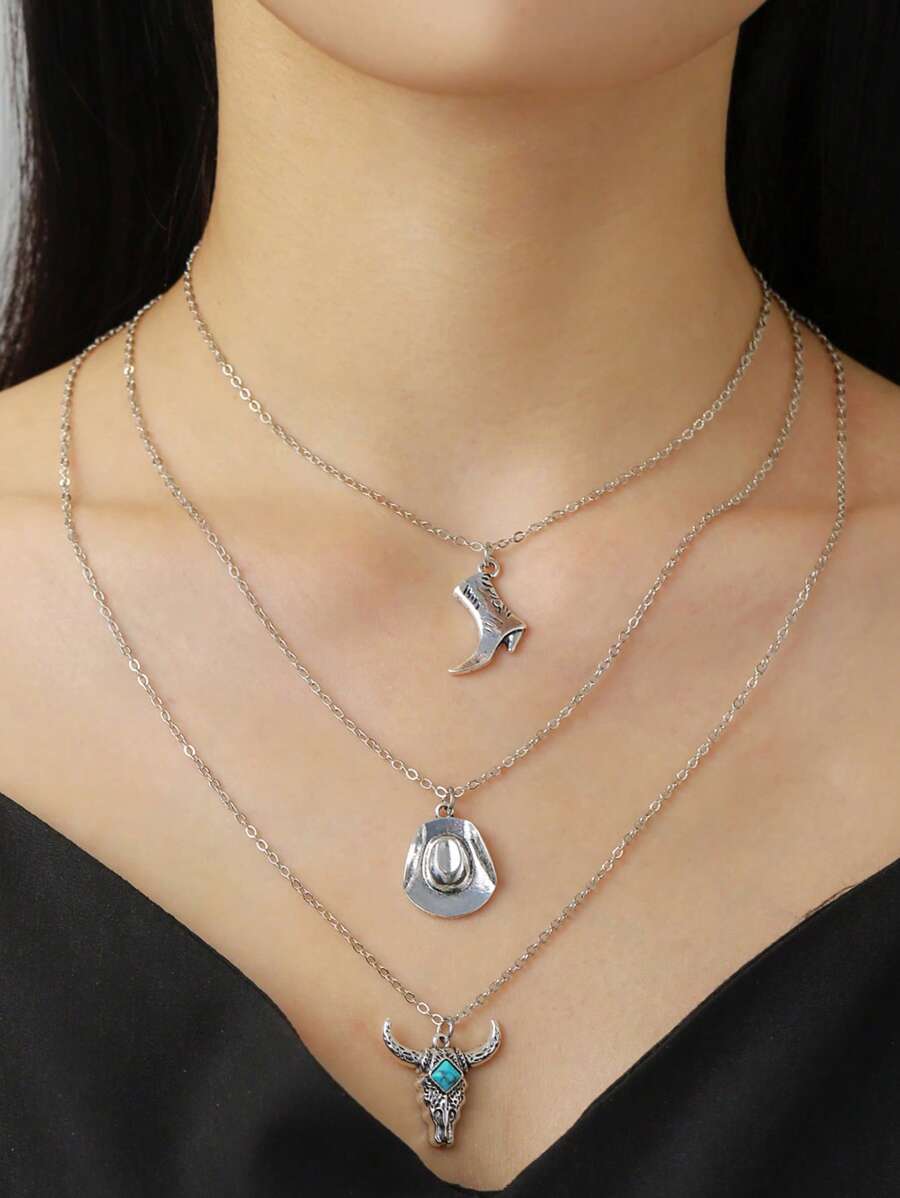 1入西部風格復古三層合金牛仔帽和靴子和仙人掌和牛頭形狀項鍊,配有綠松石,適合女性休閒穿著 - 彩色 - 查看 1