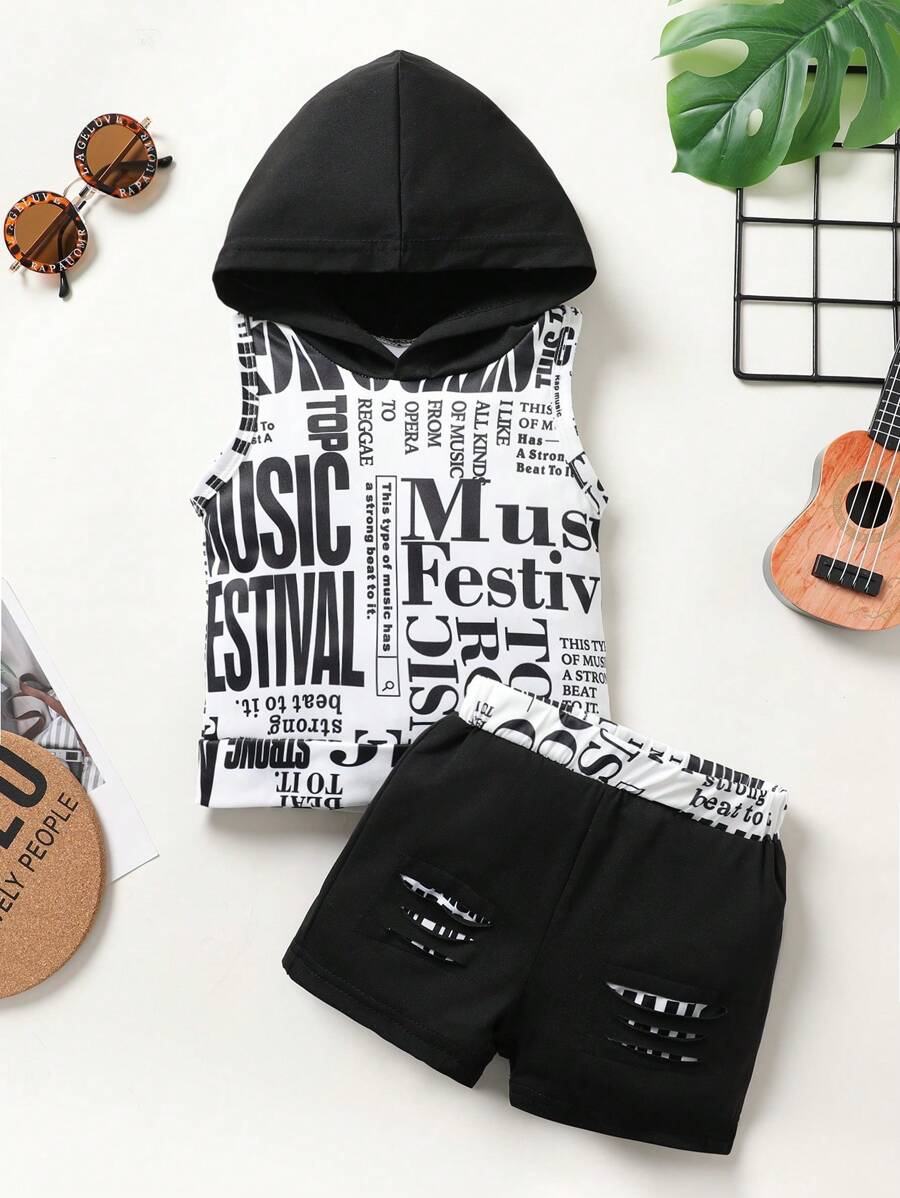 2 mảnh Bộ Của Dễ thương Đứa bé trai Mềm mại Và Thoải mái Lá thư In áo có mũ Không tay Áo Và Quần short thể thao Thích hợp Đối với Giải trí Kỳ nghỉ Và Hằng ngày - Nhiều màu - Xem 1