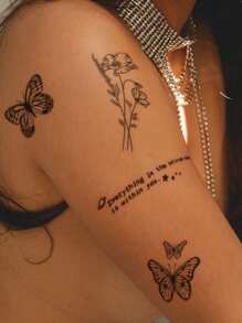 STARTTOOS 30pcs/Set Black Word & Sentence, Floral & Butterfly Pattern Temporary Tattoo Stickers For Finger, Wrist, Chest, Abdomen, Back And Other Small Areas