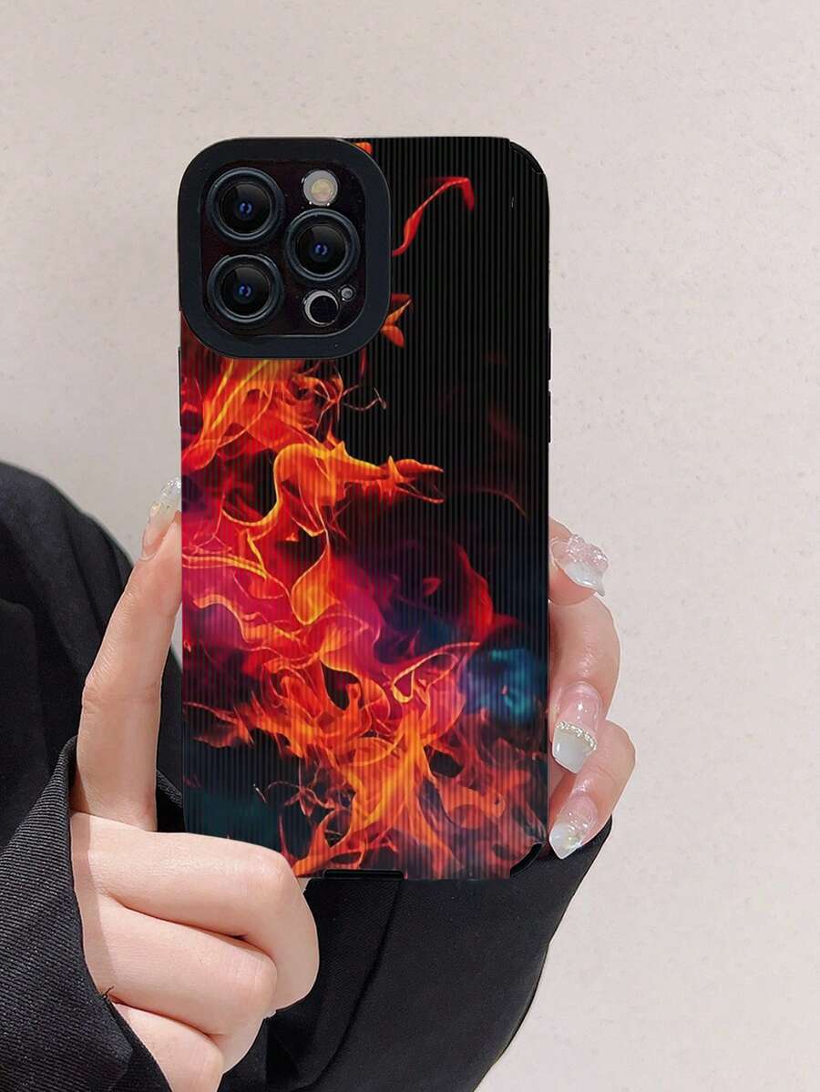 1pc Flame Design Colorful Painted Pu Leather Shockproof Phone Case Compatible With Apple Phones - Multicolor - View 1
