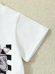 女嬰夏季休閒套裝，黑白格子與字母印花，短袖圓領T恤和純色短褲 - 紫色 - 查看 4