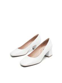 Women's Square Toe Low Chunky Heels Elegant Court Pumps Comfortable Slip On Dress Shoes Wedding Party Office Work Shoes - White - View 7