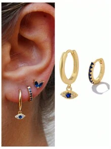 3件套时尚立方氧化锆眼睛装饰银耳环，适合女性日常佩戴和节日装饰 - 金色 - 查看 2