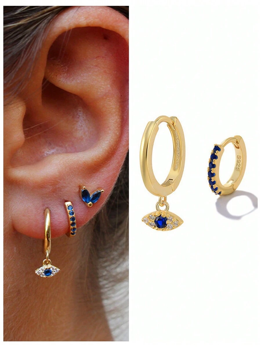 3件套时尚立方氧化锆眼睛装饰银耳环，适合女性日常佩戴和节日装饰