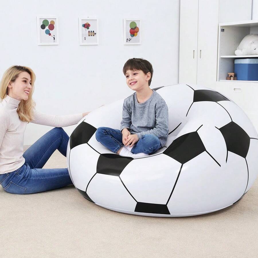 Puff Sillón Inflable Silla Inflable Balón de Futbol Puff de Aire Infantil Diseño Balón - Blanco - Ver 1