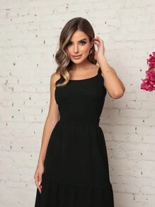 Women's Dress - Long Strappy Dress - Elegant And Sophisticated - Loose Fit And Rounded Skirt - With Tie At The Back Highlighting The Neckline - Chic Women's Spring Summer Fashion - 黑色 - 查看 2