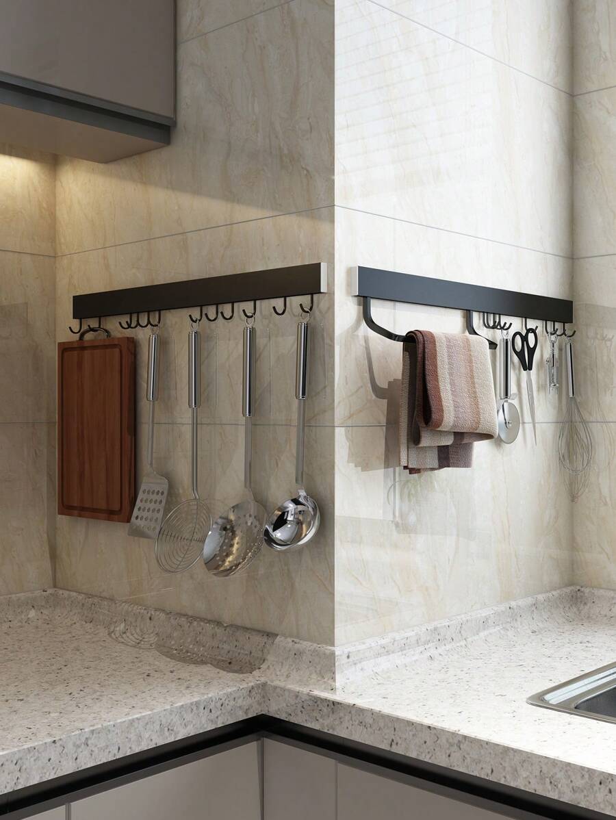 1pc Black And Silver Kitchen Wall Mounted Hook Rack With Multiple Hooks For Kitchen Utensils, No-Drill, Organizer Storage Rack - Black - View 1