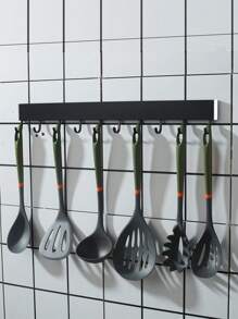 1pc Black And Silver Kitchen Wall Mounted Hook Rack With Multiple Hooks For Kitchen Utensils, No-Drill, Organizer Storage Rack - Black - View 9