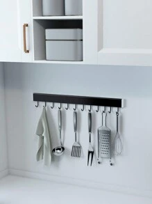 1pc Black And Silver Kitchen Wall Mounted Hook Rack With Multiple Hooks For Kitchen Utensils, No-Drill, Organizer Storage Rack - Black - View 8