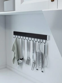 1pc Black And Silver Kitchen Wall Mounted Hook Rack With Multiple Hooks For Kitchen Utensils, No-Drill, Organizer Storage Rack - Black - View 7
