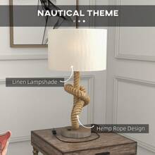 HOMCOM Nautical Table Lamp With USB Charging Port, Bedside Lamp For Bedroom Living Room, Warm White LED Bulb Included, With Rope, Natural - Brown - View 7