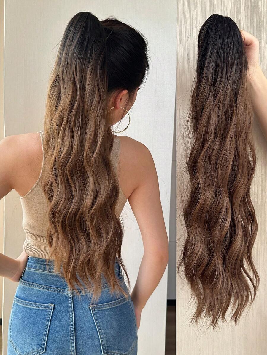 22-24英寸卷曲、波浪、直髮夾式馬尾裝飾,長馬尾尾部女士黑色褐色夾式馬尾髮片