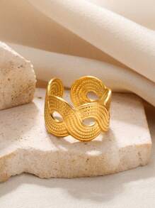1pc Fashionable Gold-Tone Stainless Steel Braided Twisted Open Ring, Suitable For Women's Daily Wear, Party Jewelry Gift
