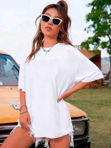 Women's Plain Oversized Round Neck T-Shirt, Mesh Fabric, Basic Blouse - 白色 - 查看 4