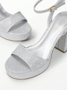 Women Chunky High Heel Sandals Fashion Open Toe Platform Heeled Sandals For Prom Dancing Wedding Holiday - 銀色亮片 - 查看 6