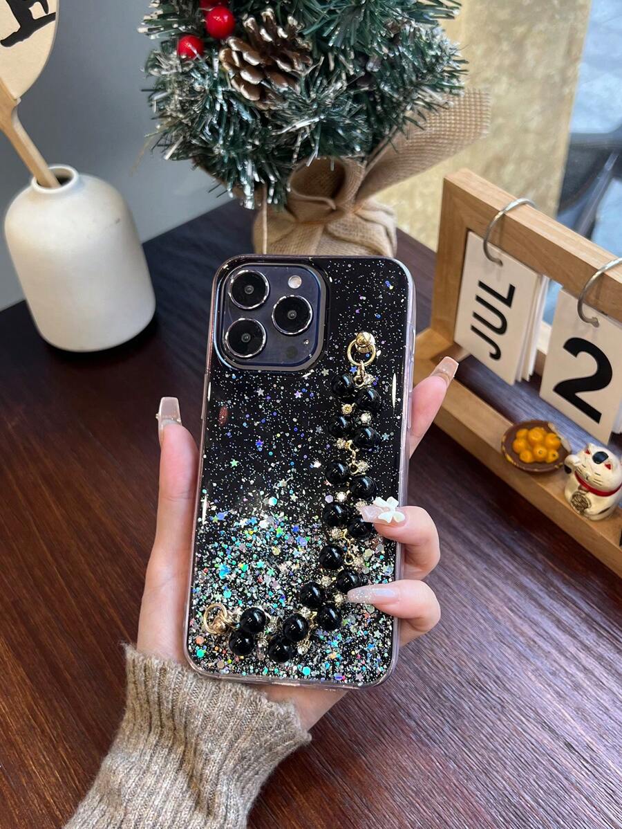 閃閃發光雙股珍珠鏈diy手機殼,附滴水膠 - 黑色 - 查看 1