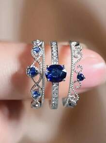 3 Pcs/Set Fashion Blue Cubic Zirconia Ring Set For Women For Wedding Engagement Anniversary Party Band Jewelry Valentine's Day Gift,Mom,Mother,Mother's Day,Gift