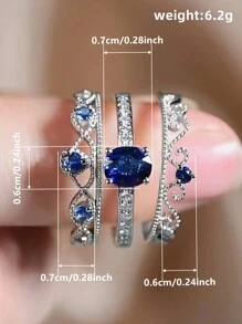 3 Pcs/Set Fashion Blue Cubic Zirconia Ring Set For Women For Wedding Engagement Anniversary Party Band Jewelry Valentine's Day Gift,Mom,Mother,Mother's Day,Gift