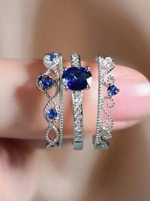 3 Pcs/Set Fashion Blue Cubic Zirconia Ring Set For Women For Wedding Engagement Anniversary Party Band Jewelry Valentine's Day Gift,Mom,Mother,Mother's Day,Gift
